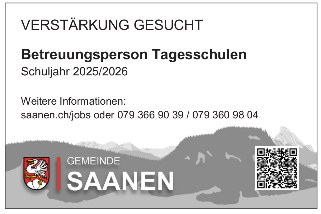 Betreuungsperson Tagesschulen, Gemeinde Saanen, Gesucht