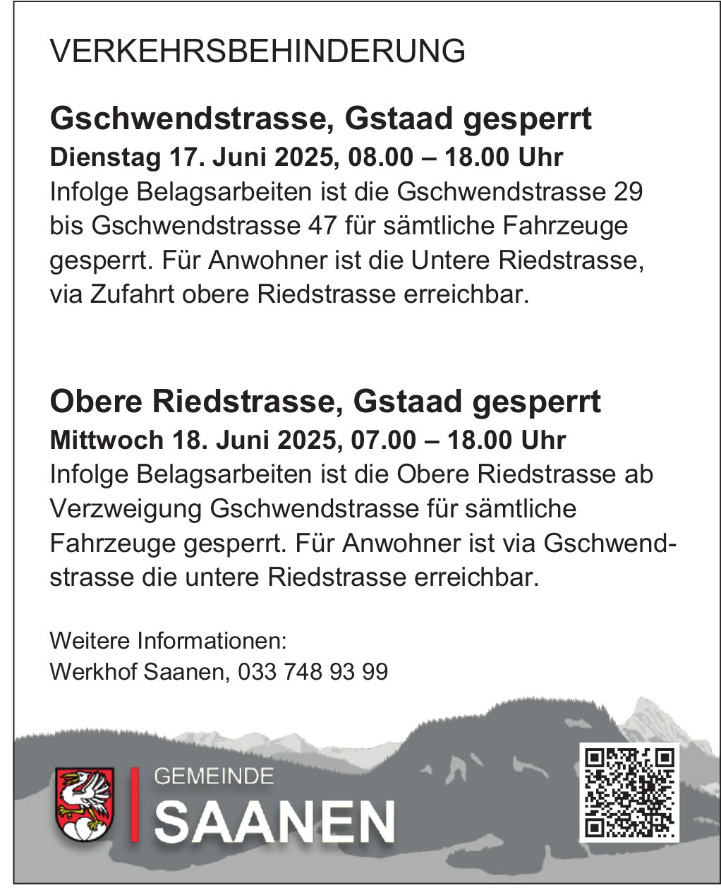 Gstaad - Gemeinde Saanen, Traffic obstruction on Gschwendstrasse and Obere Riedstrasse