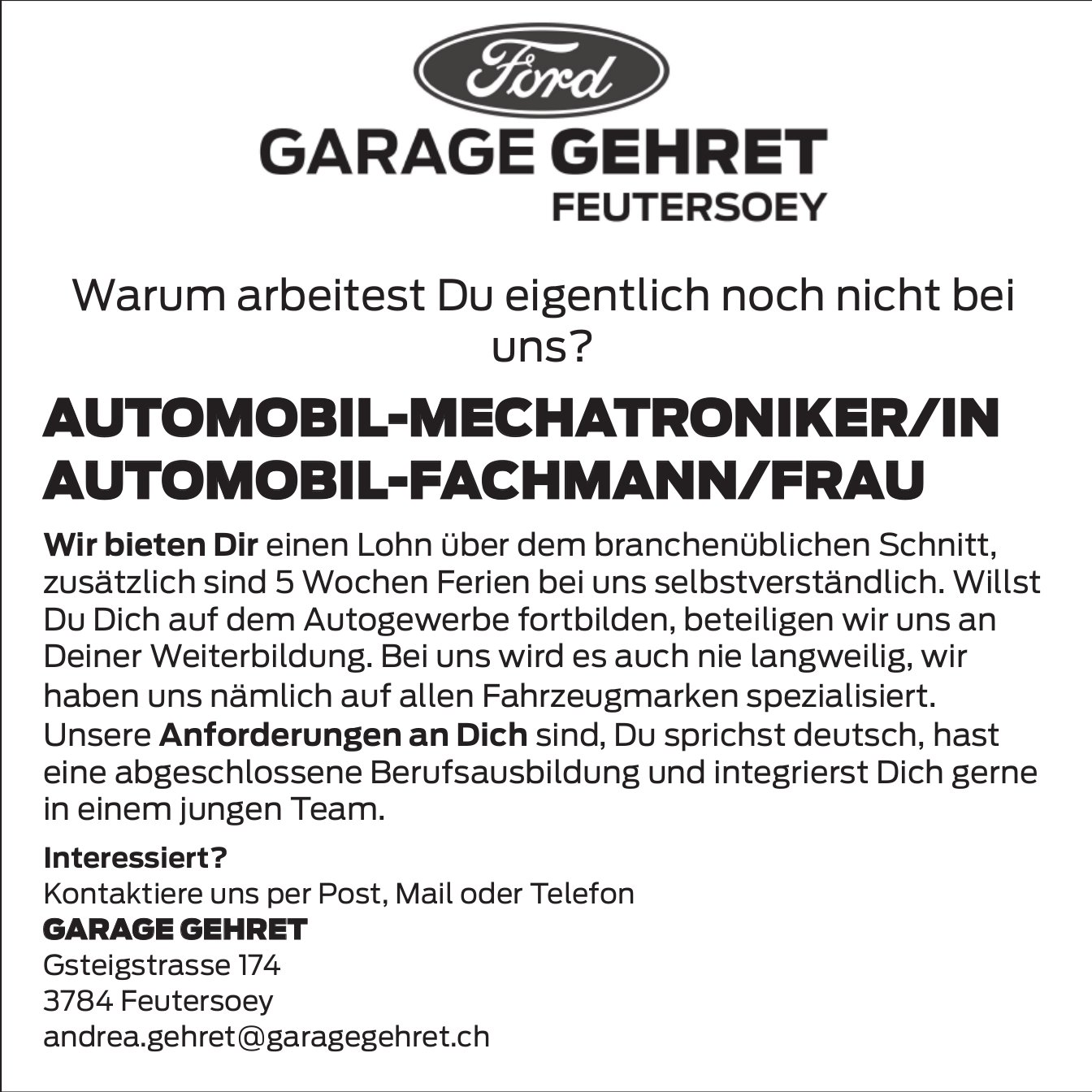 Automobil-Mechatroniker/in / Automobil-Fachmann/Frau, GARAGE GEHRET, Feutersoey, Gesucht