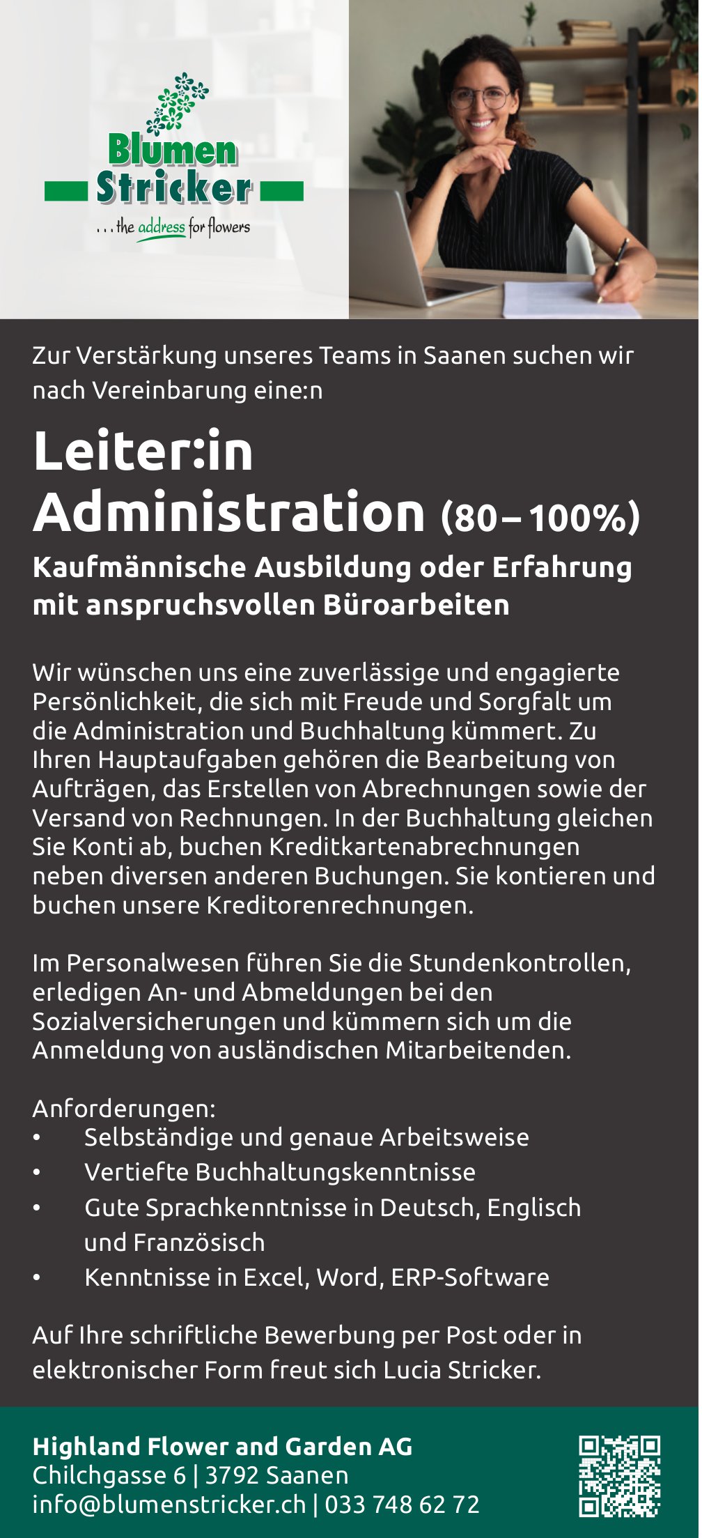 Leiter:in Administration (80 – 100%), Highland Flower and Garden AG, Saanen, gesucht