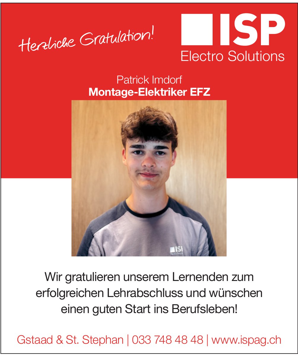 ISP Electro Solutions, Gstaad - Herzliche Gratulation an Patrick Imdorf!