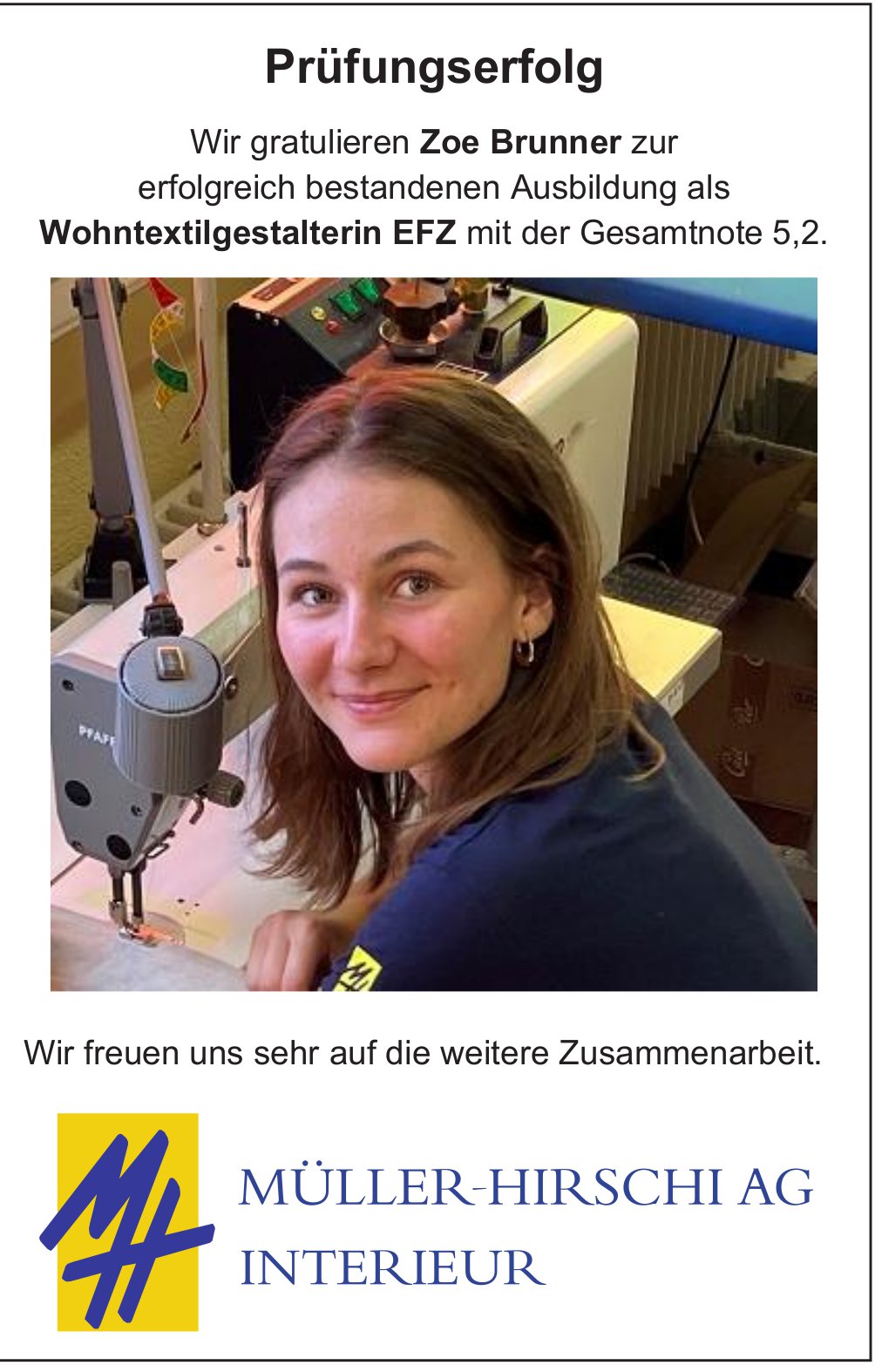 Müller-Hirschi AG Interieur, Prüfungserfolg - Gratulation an Zoe Brunner
