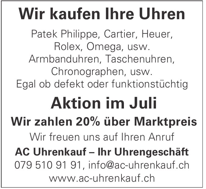 AC Uhrenkauf – Ihr Uhrengeschäft, Wir kaufen Ihre Uhren