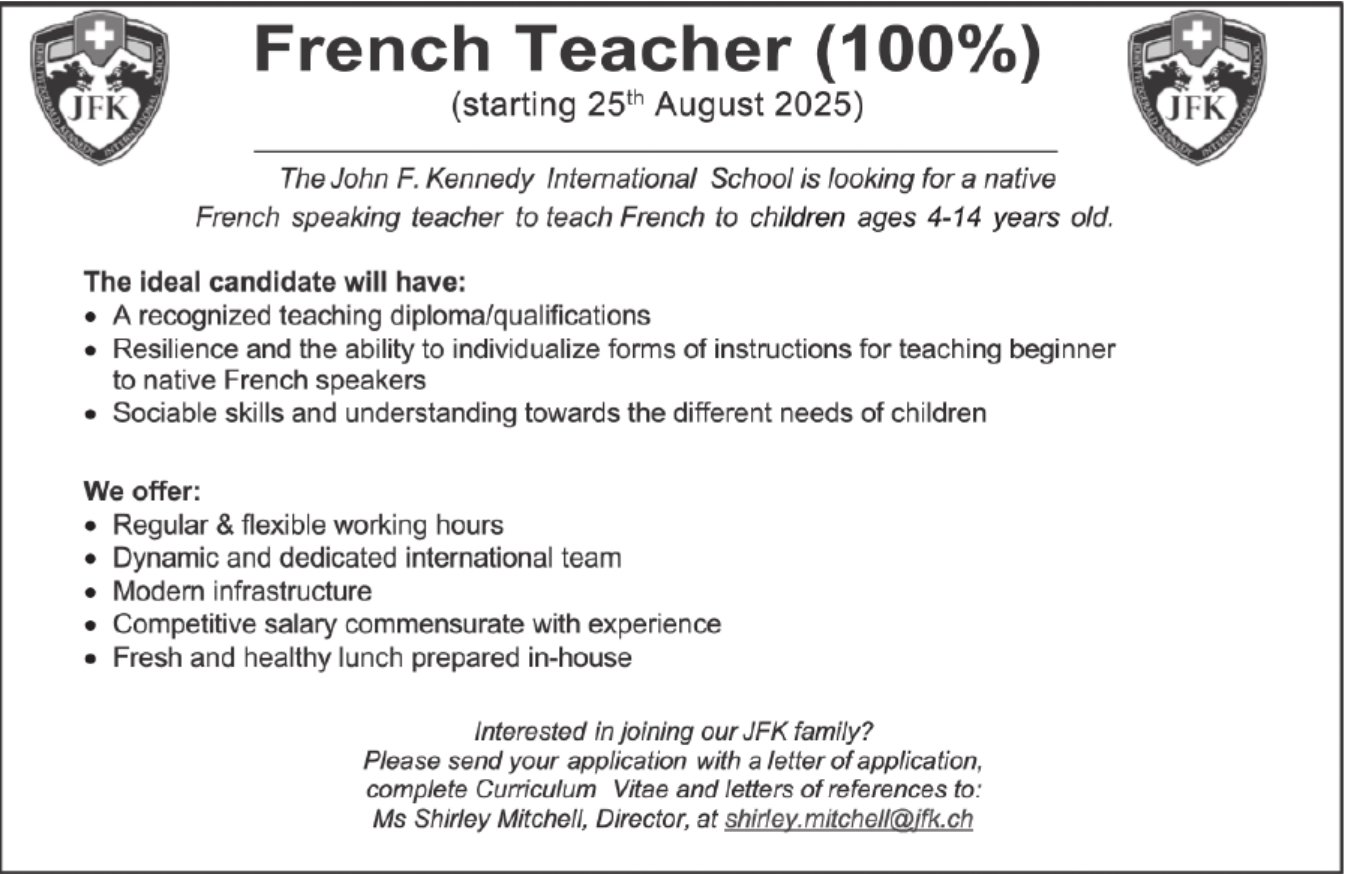 German Teacher (50%), John F. Kennedy International School, gesucht