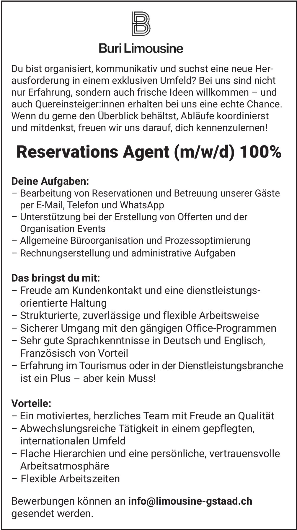 Reservations Agent (m/w/d) 100%, Buri Limousine, Gesucht