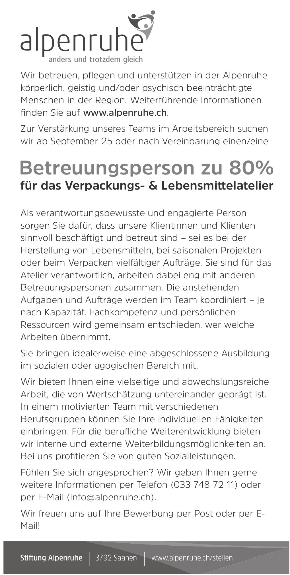 Betreuungsperson zu 80% für das Verpackungs- & Lebensmittelatelier, Stiftung Alpenruhe, Saanen, gesucht
