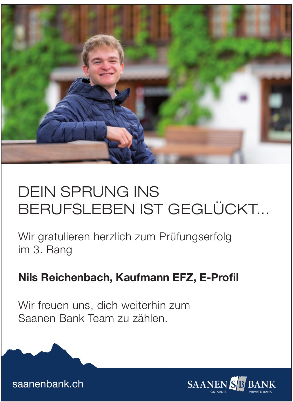 Saanen Bank, Ins - Herzlichen Glückwunsch an Nils Reichenbach, Kaufmann EFZ, E-Profil