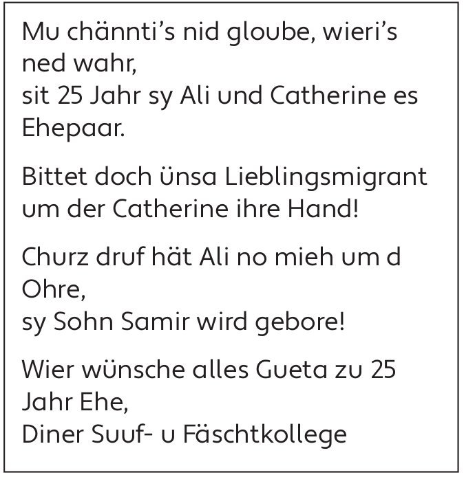 Suuf- u Fäschtkollege, 25 Jahre Ehe von Ali und Catherine