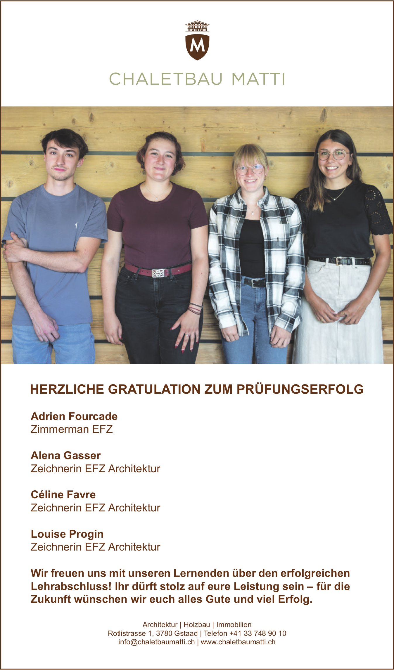 Chaletbau Matti, Gstaad - HERZLICHE GRATULATION ZUM PRÜFUNGSERFOLG