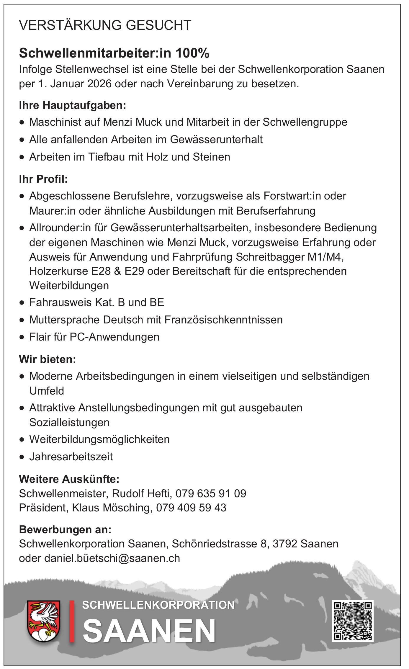Schwellenmitarbeiter:in 100%, Schwellenkorporation Saanen, gesucht