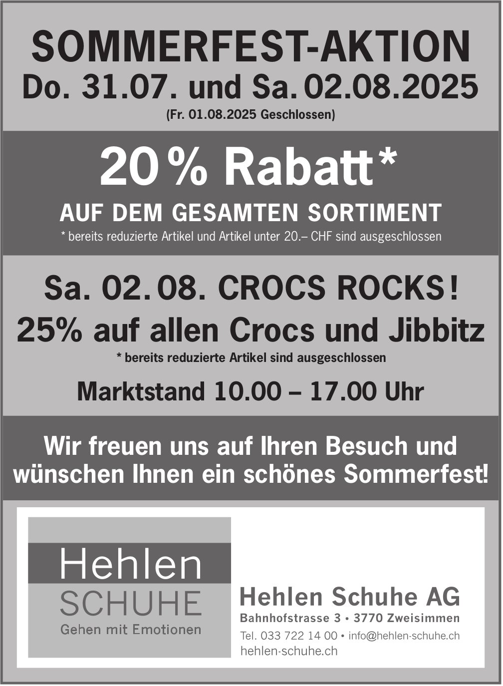 SOMMERFEST-AKTION, 31. Juli & 2. August, Hehlen Schuhe, Zweisimmen