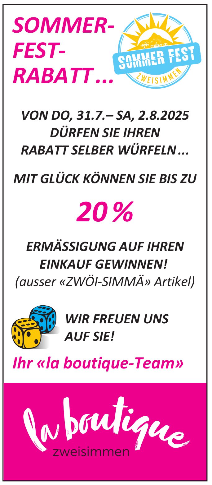 SOMMER-FEST-RABATT, 31. Juli - 2. August, Zweisimmen