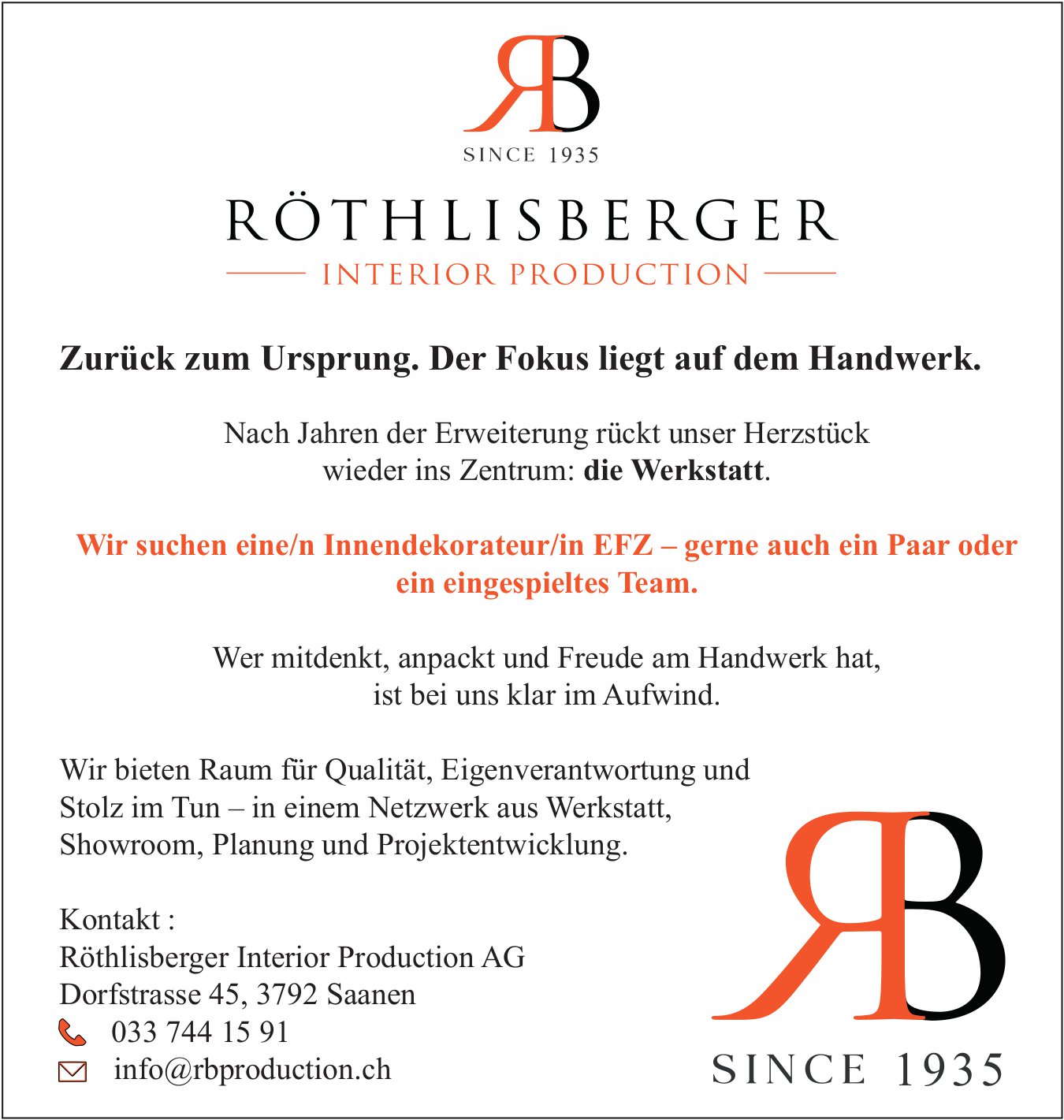 Innendekorateur/in EFZ, Röthlisberger Interior Production AG, Saanen, Gesucht
