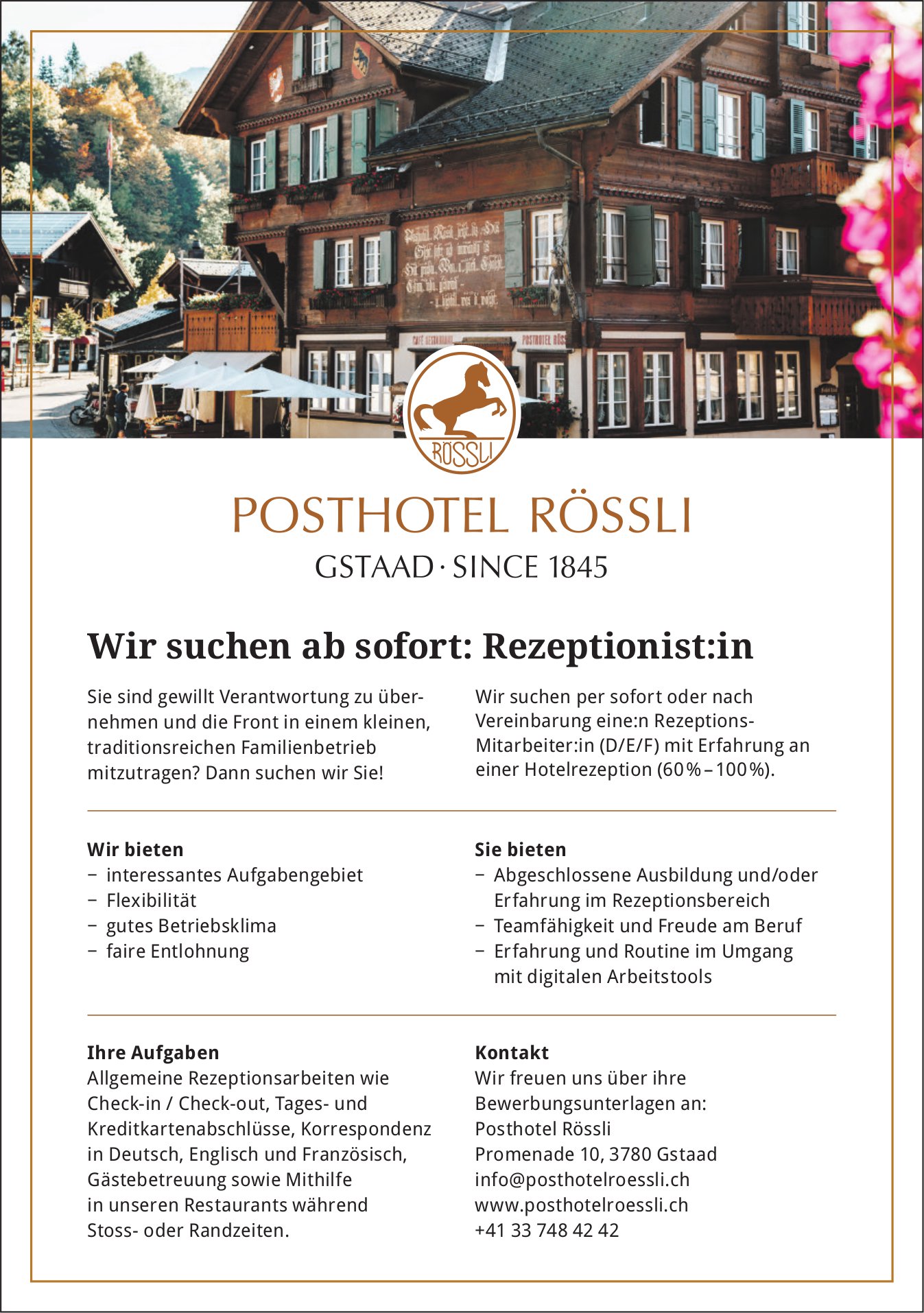 Rezeptionist:in, Posthotel Rössli, Gstaad, Gesucht