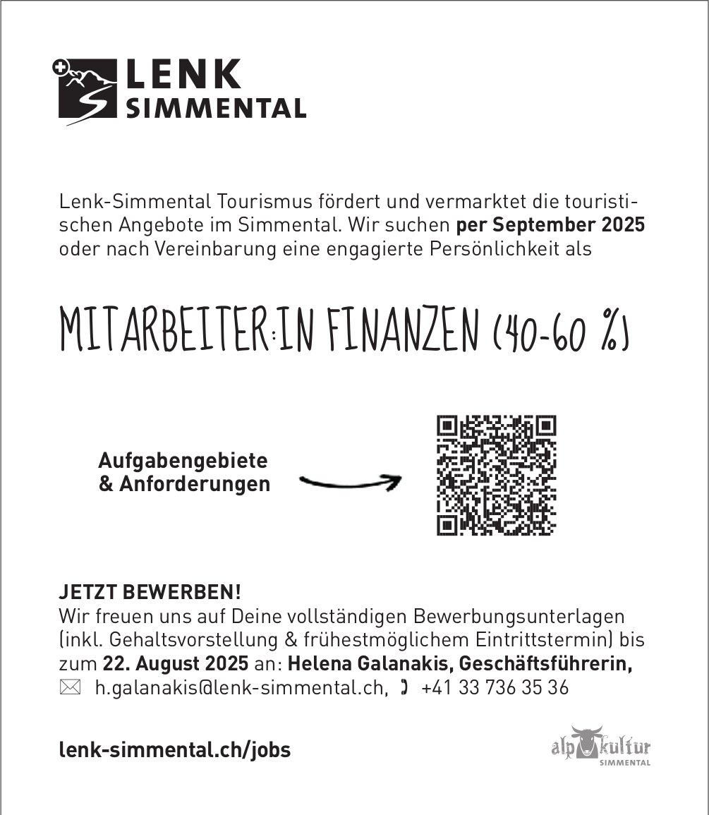 MITARBEITER:IN FINANZEN (40-60 %), Lenk-Simmental Tourismus, Gesucht