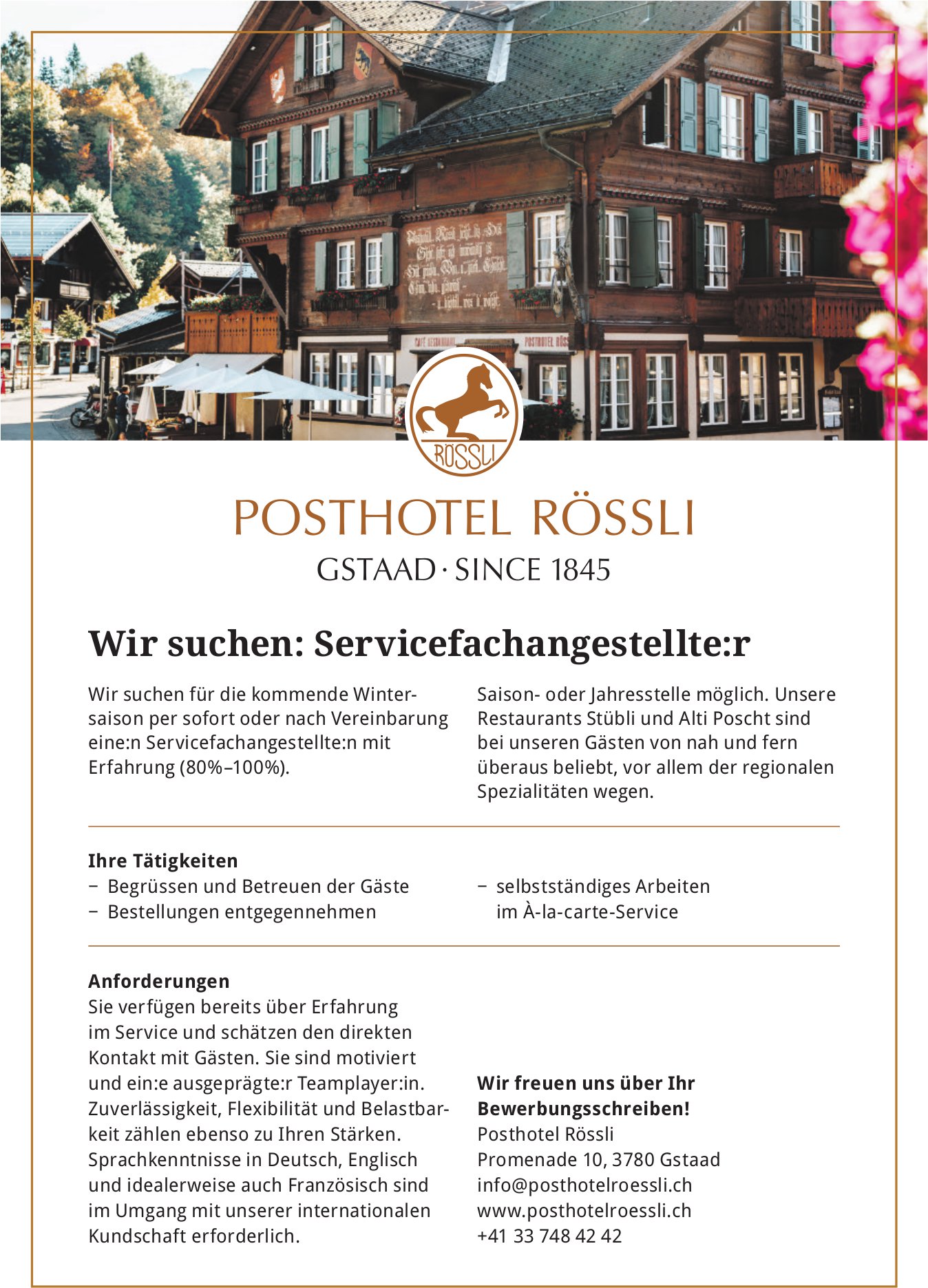 Servicefachangestellte:r, Posthotel Rössli, Gstaad, Gesucht