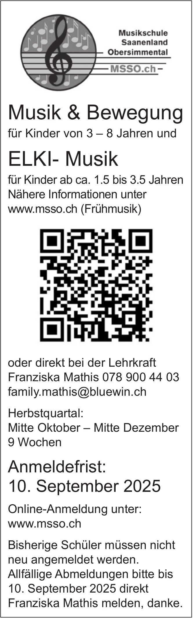Musik & Bewegung für Kinder von 3 – 8 Jahren und ELKI- Musik, 15. Oktober