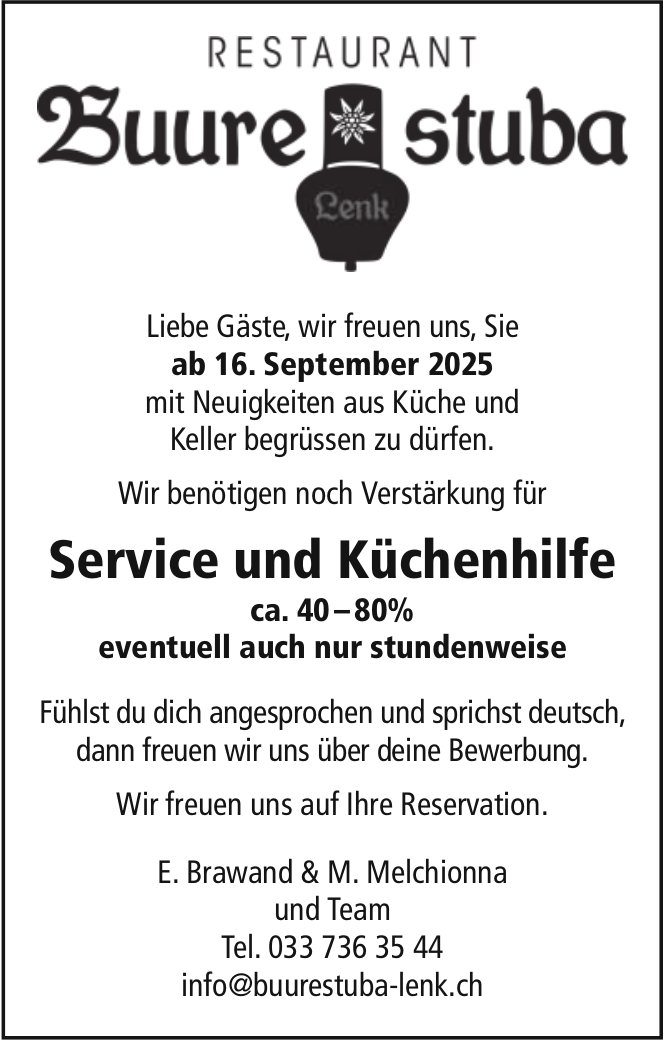 Service und Küchenhilfe, Restaurant Buurestuba Lenk
