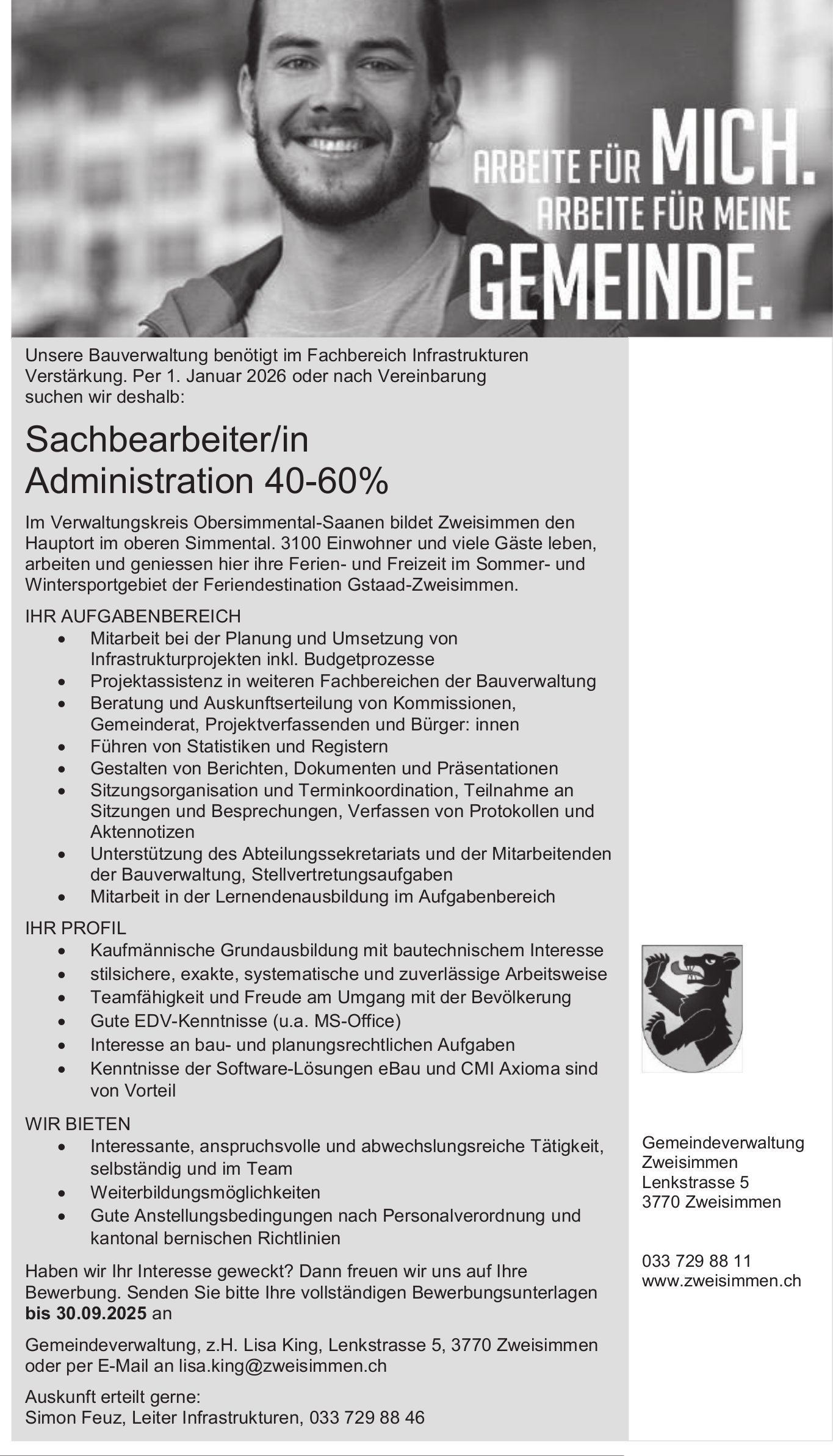 Sachbearbeiter/in Administration 40-60%, Gemeindeverwaltung Zweisimmen, Gesucht