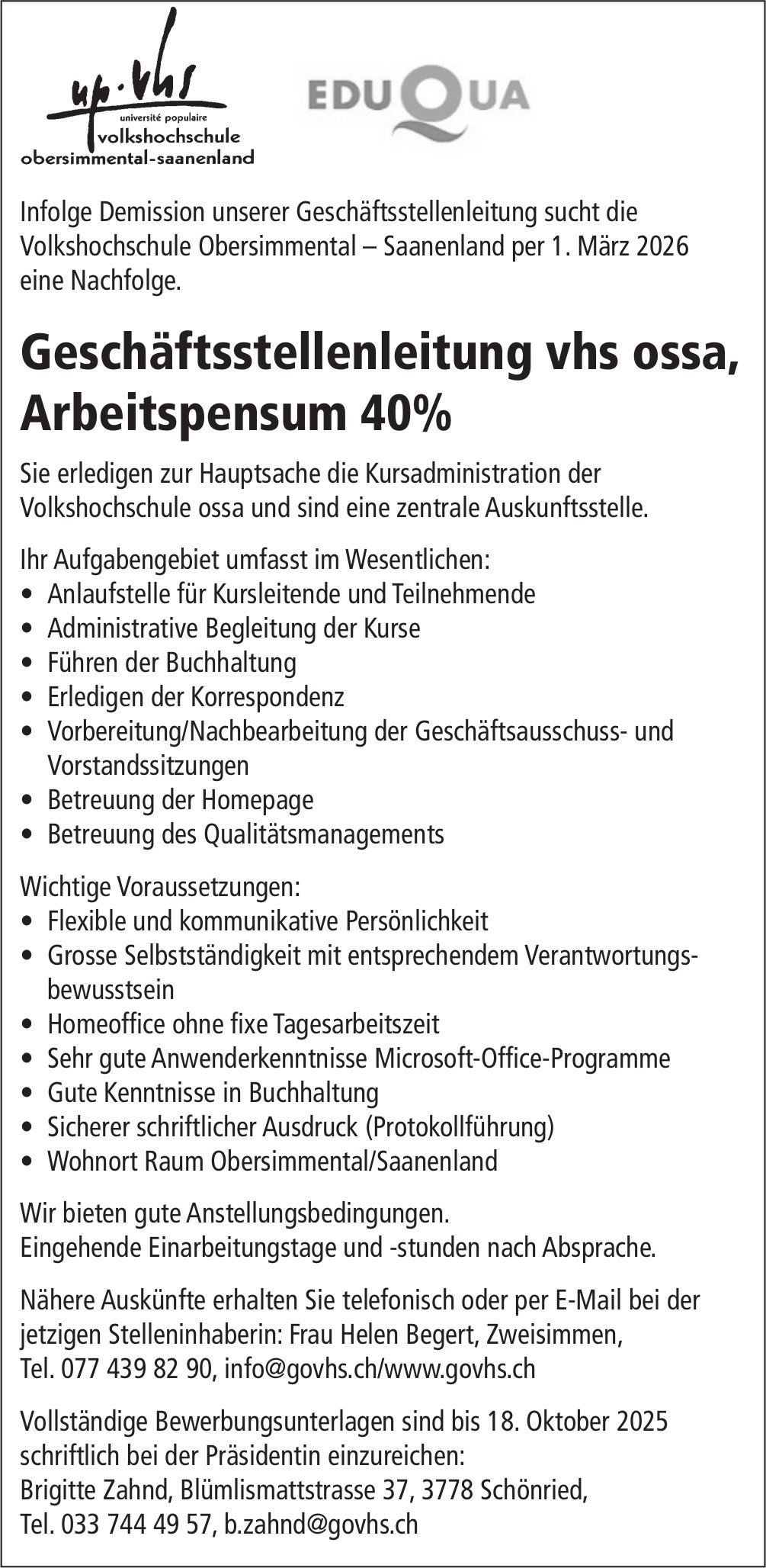 Geschäftsstellenleitung vhs ossa, Arbeitspensum 40%, Volkshochschule Obersimmental – Saanenland, Schönried, Gesucht