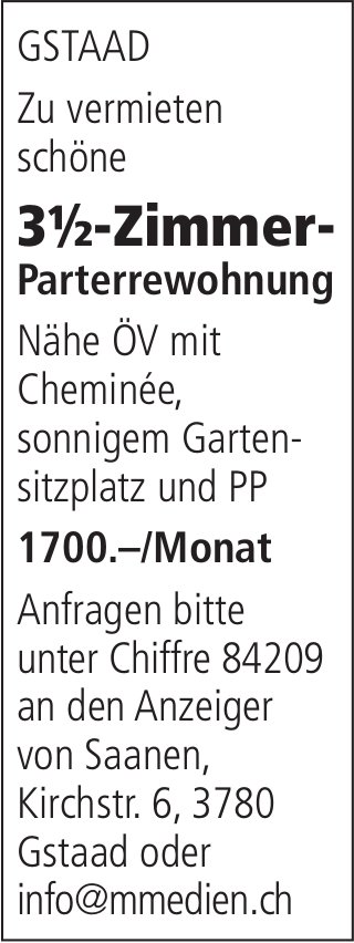 3½-Zimmer-Parterewohnung, 3½ Zimmer-Wohnung, Gstaad, zu vermieten