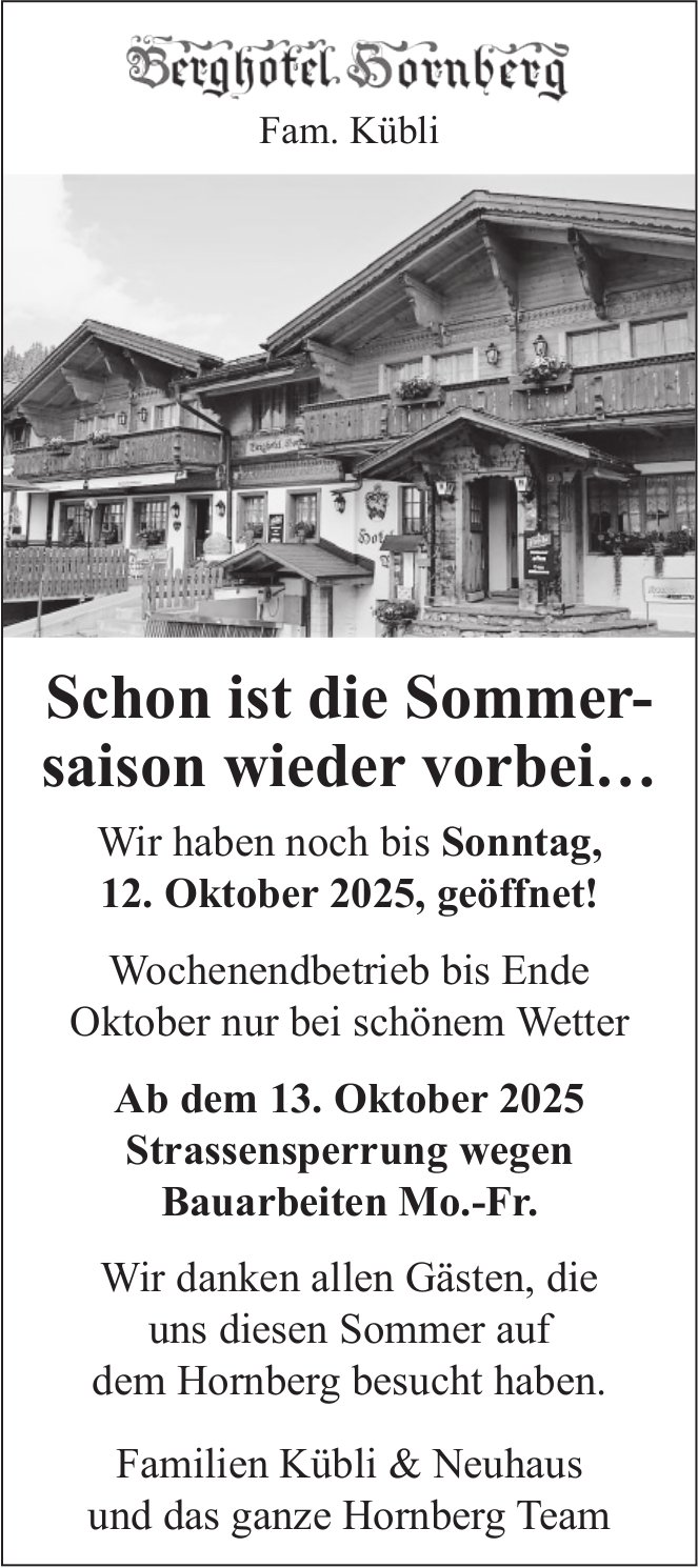 Berghotel Hornberg, Wir haben noch bis Sonntag, 12. Oktober 2025,  geöffnet!