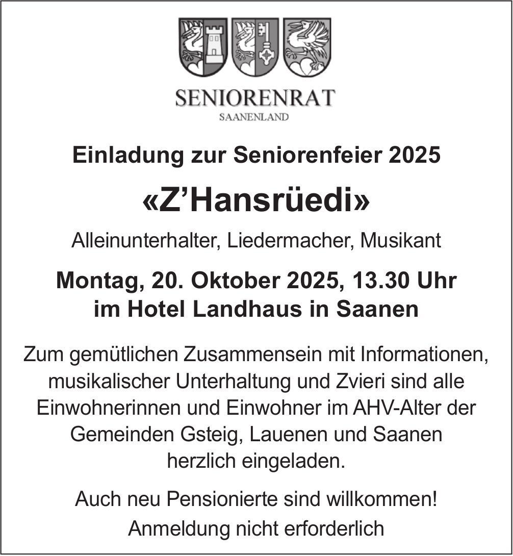 Einladung zur Seniorenfeier 2025 «Z’Hansrüedi» , 20. Oktober, Hotel Landhaus