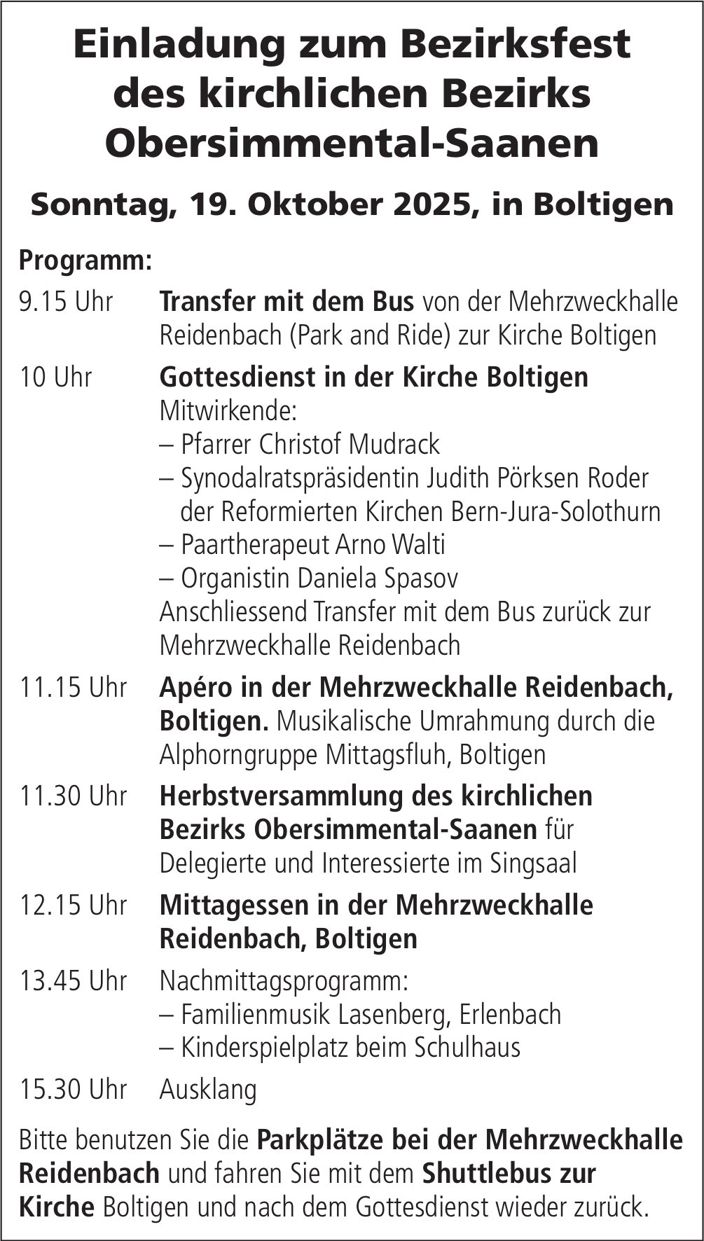 Einladung zum Bezirksfest des kirchlichen Bezirks Obersimmental-Saanen, 19. Oktober, Boltigen