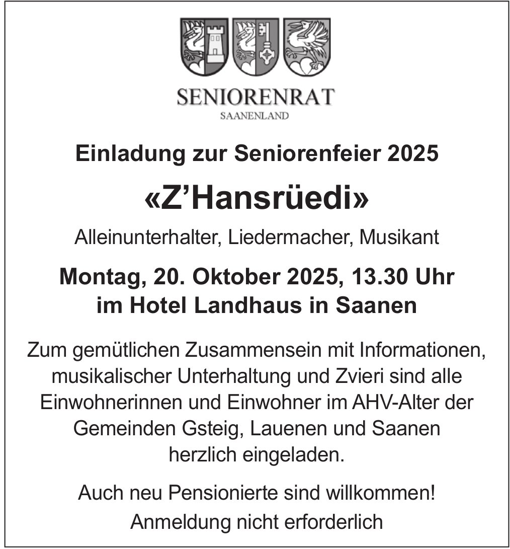 Seniorenfeier 2025 «Z'Hansrüedi», 20. Oktober, Hotel Landhaus