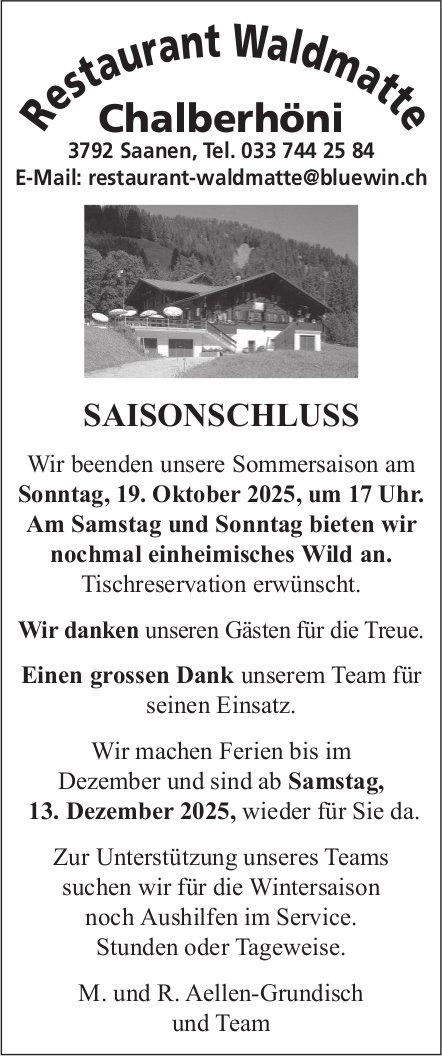 Restaurant Waldmatte, Saanen - SAISONSCHLUSS