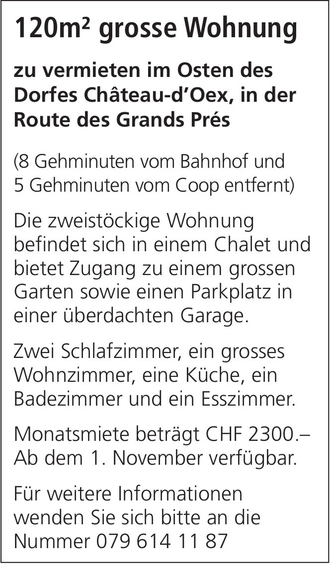 120m² grosse Wohnung, Château-D'Oex, zu vermieten