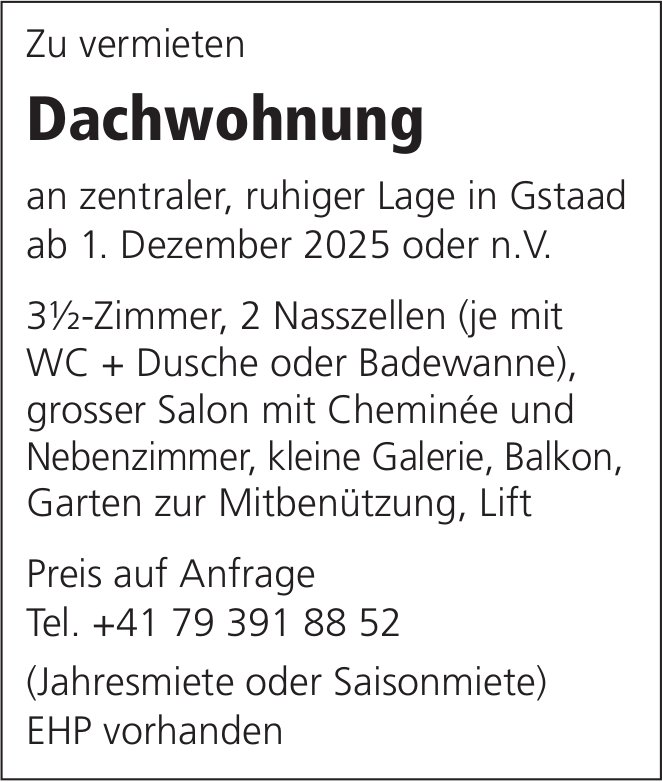 Dachwohnung, 3½-Zimmer-Wohnung, Gstaad, zu vermieten