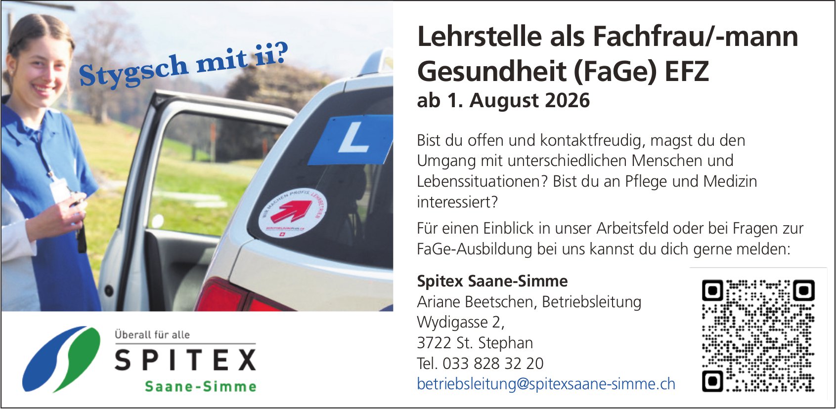 Lehrstelle als Fachfrau/-mann Gesundheit (FaGe) EFZ, Spitex, St. Stephan, gesucht