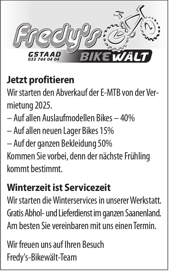 Fredy's Bike Wält, Abverkauf der E-MTB von der Vermietung 2025.