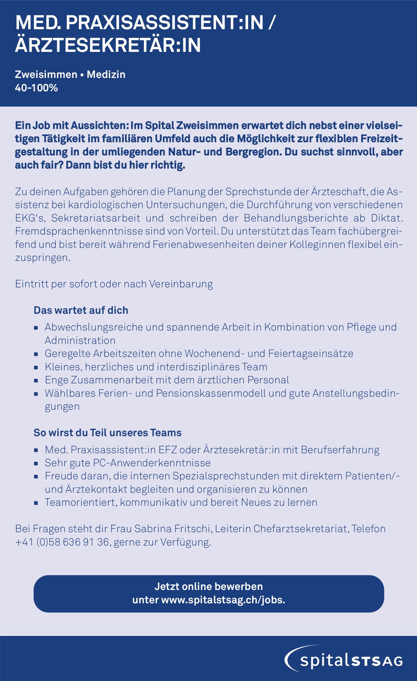 MED. PRAXISASSISTENT:IN / ÄRZTESEKRETÄR:IN, Spitalstsag, Zweisimmen, gesucht