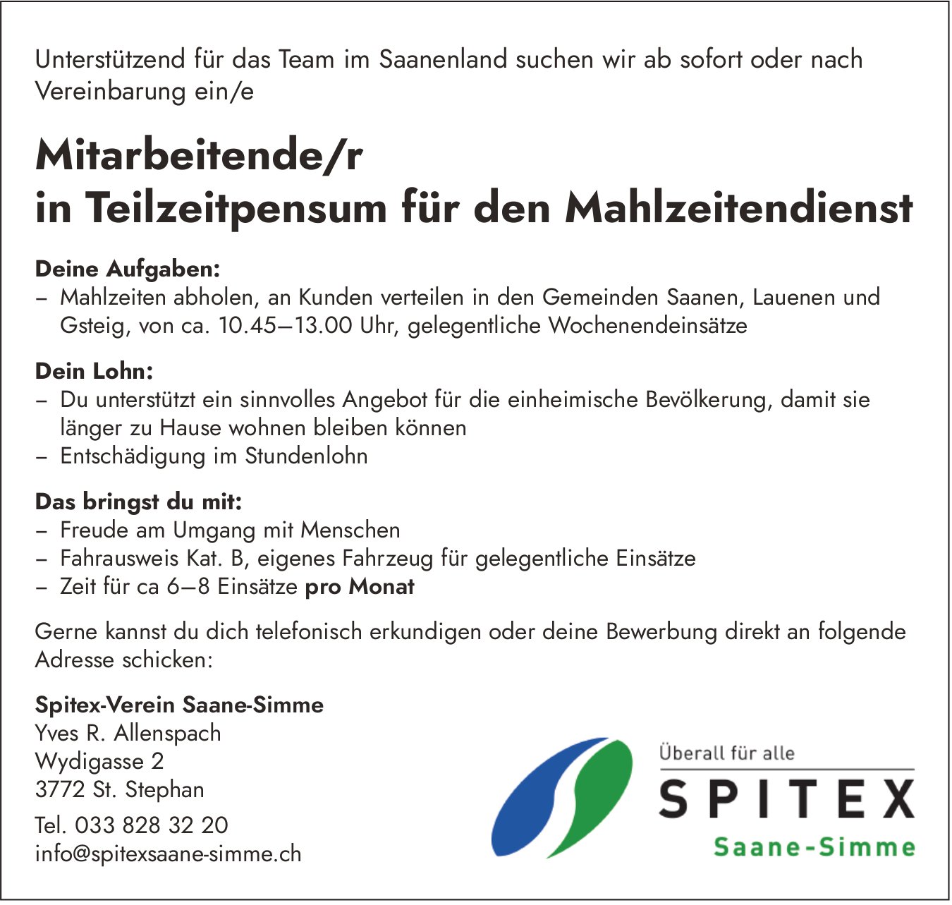 Mitarbeitende/r in Teilzeitpensum für den Mahlzeitendienst, Spitex-Verein Saane-Simme, St. Stephan, gesucht