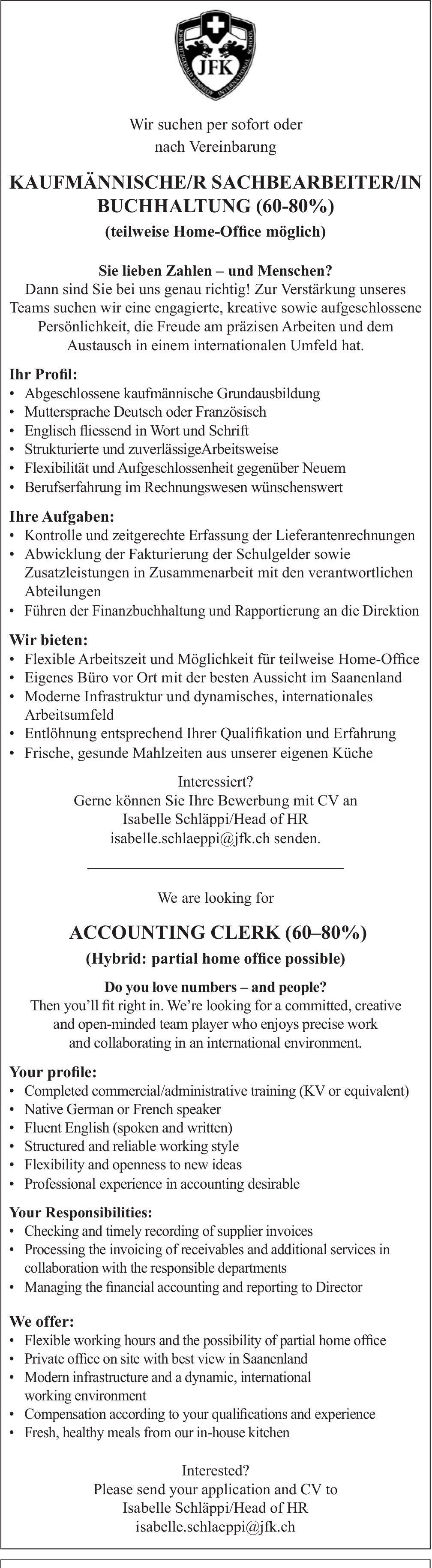 Kaufmännische/R Sachbearbeiter/In Buchhaltung (60-80%), JFK, gesucht