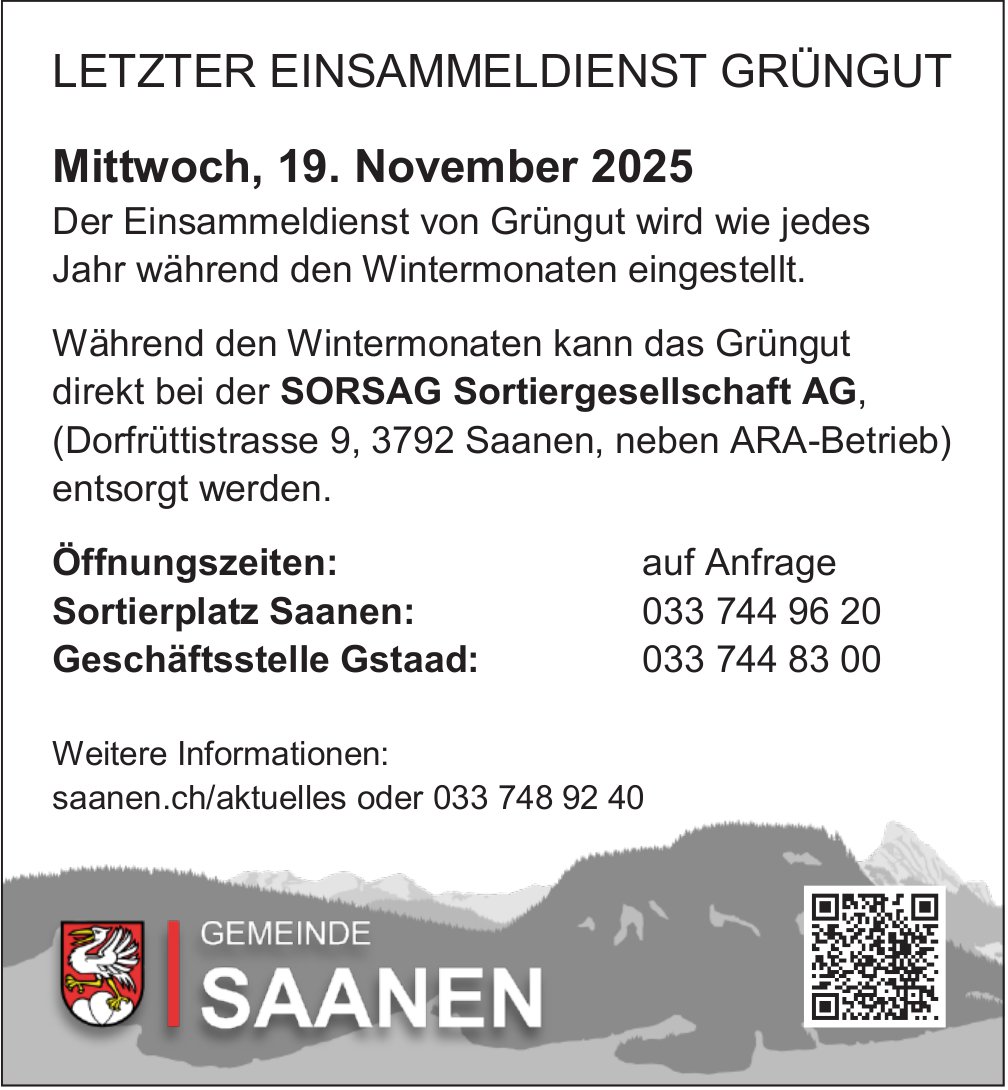 Gemeinde Saanen, Letzter Einsammeldienst Grüngut Mittwoch, 19. November 2025