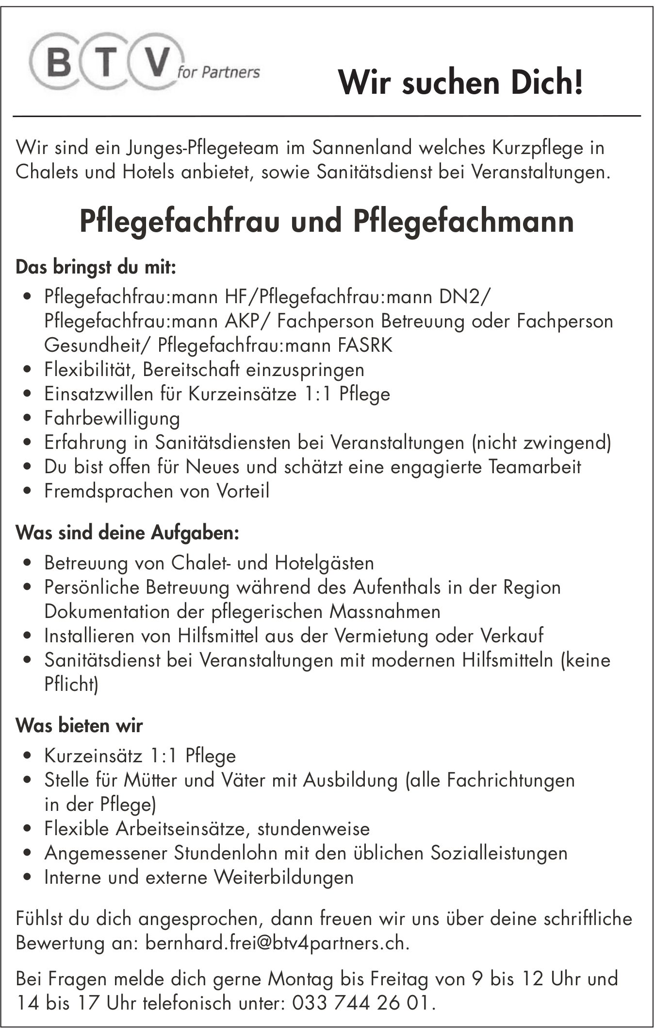 Pflegefachfrau und Pflegefachmann, BTV for Partners, gesucht