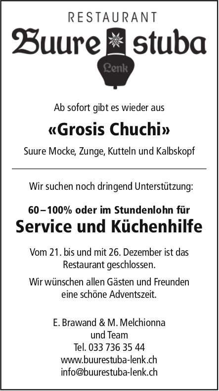 60–100% oder im Stundenlohn für Service und Küchenhilfe, Buurestuba Lenk, gesucht