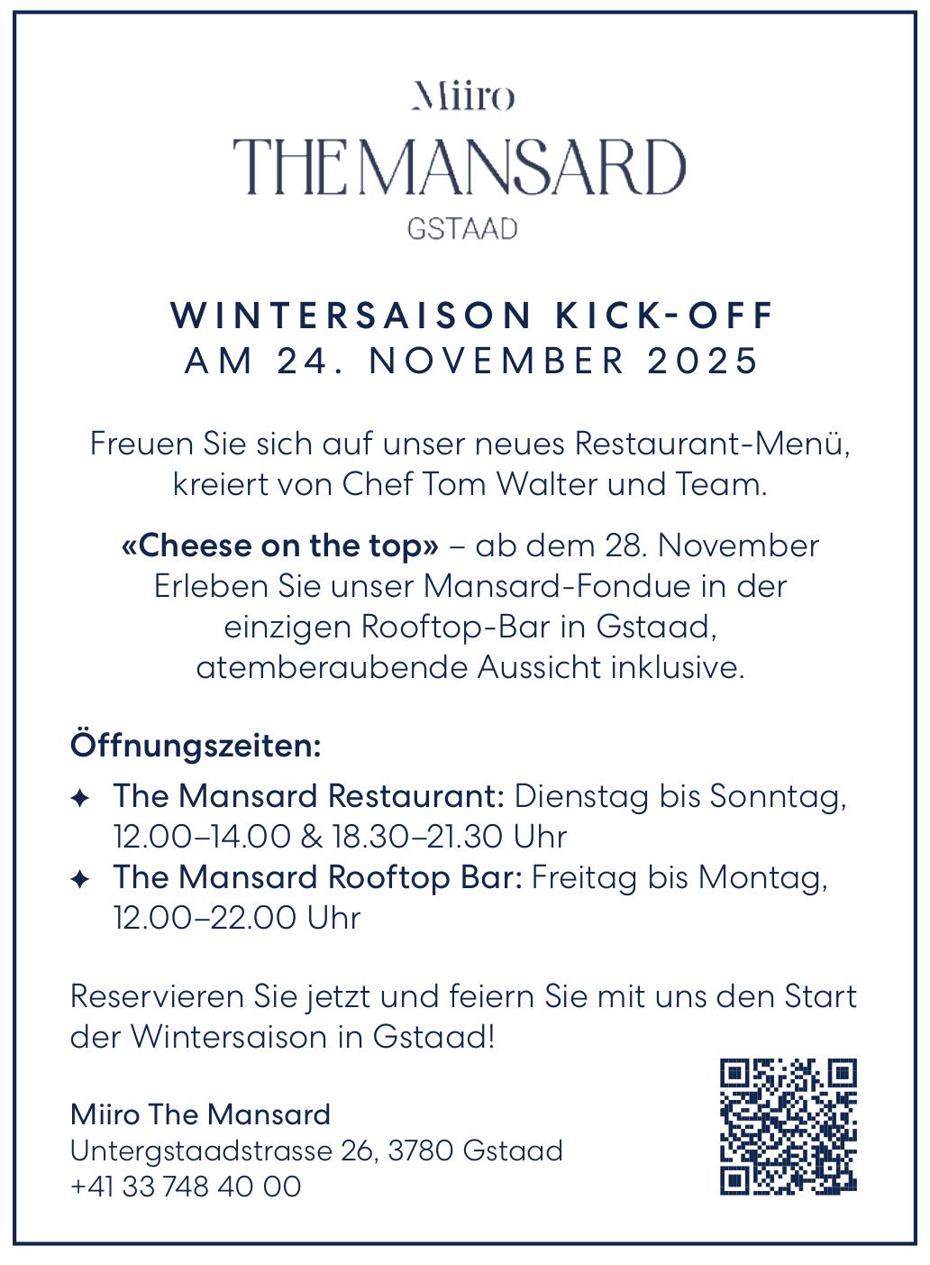 Miiro The Mansard, Gstaad - WINTERSAISON KICK-OFF AM 24. NOVEMBER 2025
