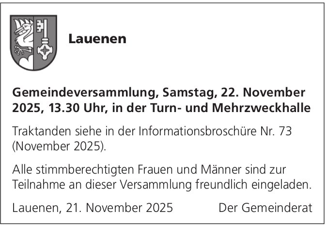Gemeinde, Lauenen - Gemeindeversammlung, Samstag,  22. November 2025