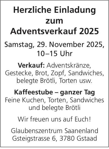 Adventsverkauf 2025, 29. November, Gstaad