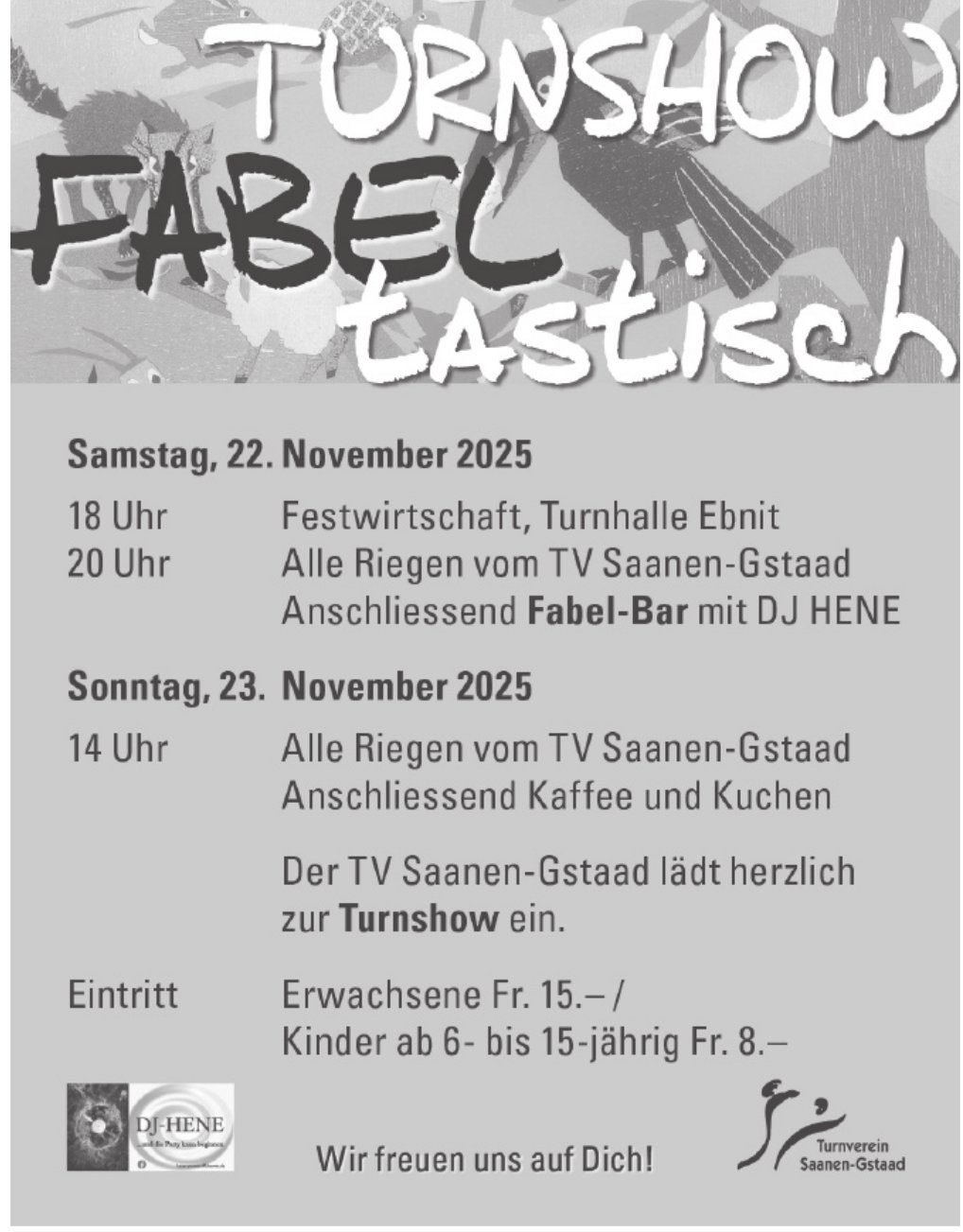Turnshow FABEL tastisch, 22. - 23. November, Turnverein Saanen-Gstaad