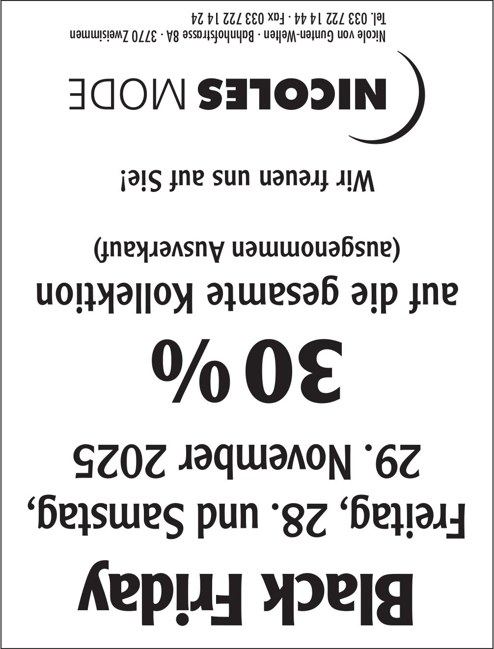 30 % auf die gesamte Kollektion, 28. - 29. November, Zweisimmen