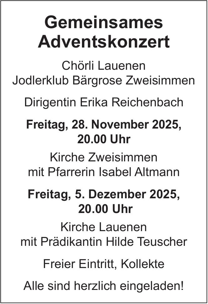 Gemeinsames Adventskonzert, 28. November - 5. Dezember