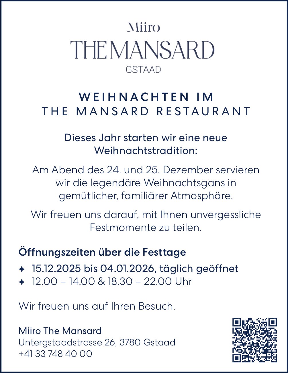 Miiro The Mansard, Gstaad - Dieses Jahr starten wir eine neue Weihnachtstradition: