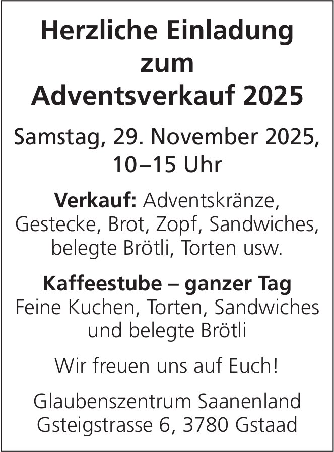 Adventsverkauf 2025, 29. November, Gstaad