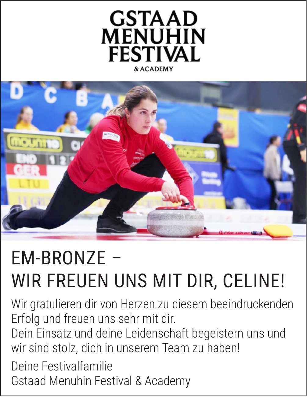 Menuhin Festiva & Academy, Gstaad - Em-Bronze–Wir Freuen Uns Mit Dir, Celine!