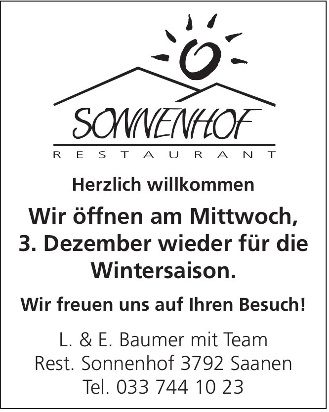 Restaurant Sonnenhof, Saanen - Wir öffnen am Mittwoch